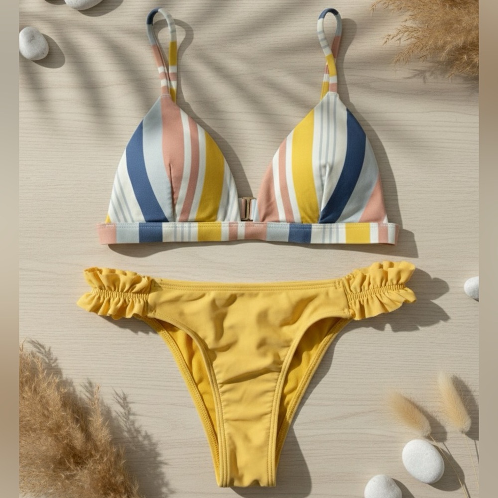 Hollister Striped Bikini Top and Yellow Bottoms